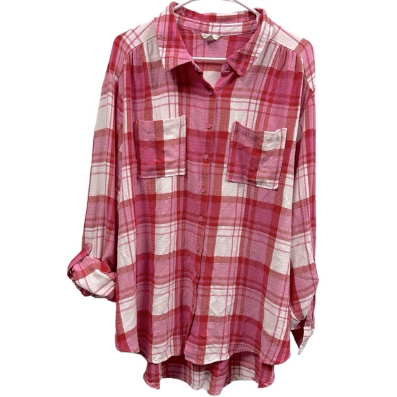 Cato Button Up Pink Shimmer Double Pocket Roll Tab Long Sleeve Shirt Plus 24W - Picture 15 of 15